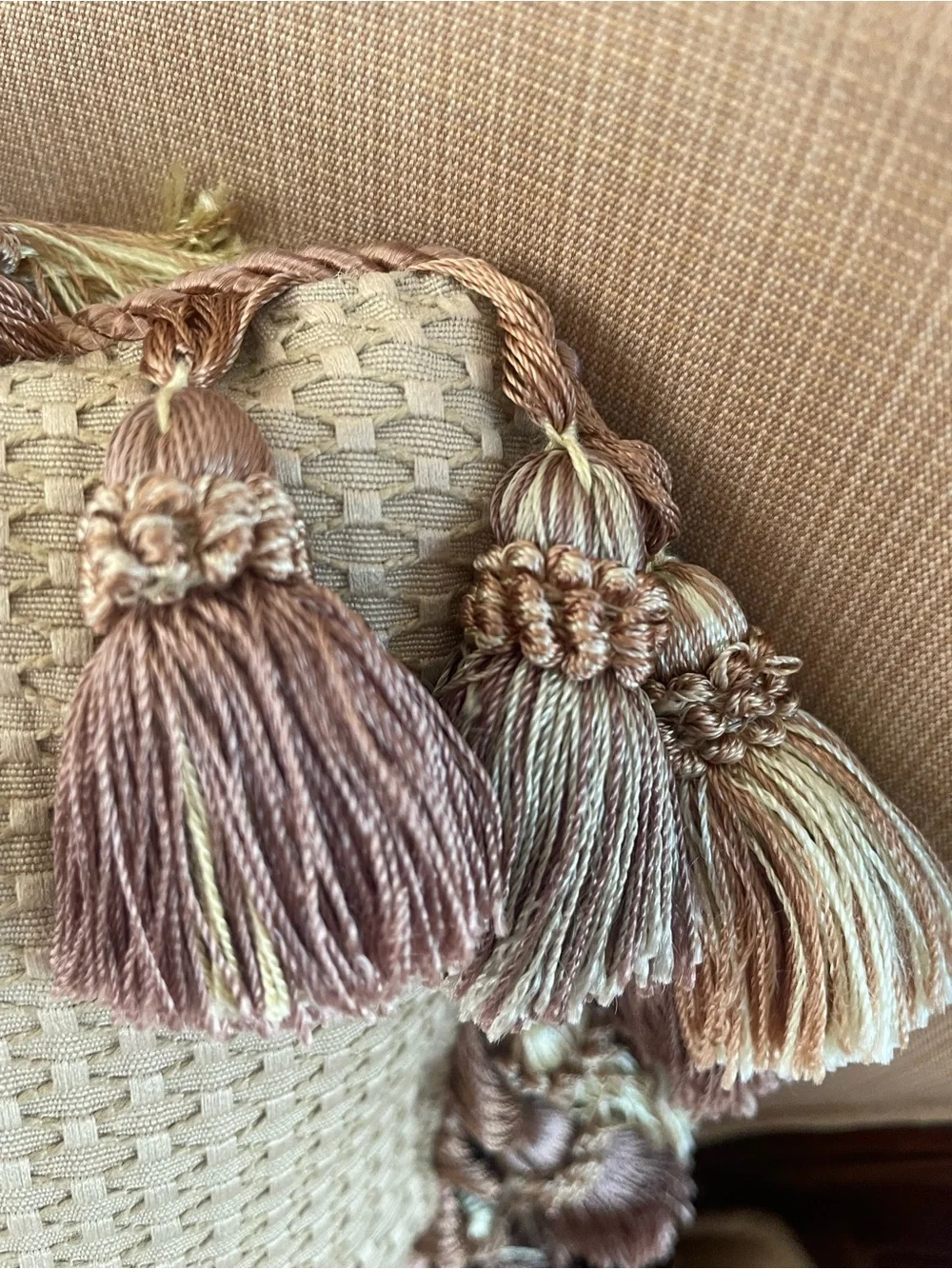 15” square  Green and Gold Embroidered Throw Pillow with tassels trim, zipper
